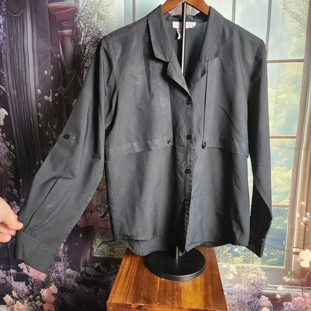 L Vintage 80s Faded Black Long Sleeve Button Up Blouse